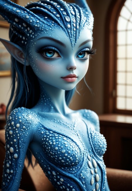 (((score_9, score_8_up, score_7_up))), ((( highly detailed, masterpiece, perfect, detailed, hd, petite, young, short)))
,
(( Meramb, colored skin, blue skin, blue eyes, eylashes, monster girl, thin))
,
((( 1girl, solo, narrow waist, )))
,
((( posing, head tilt, curveous body)))
,
((( ))) 
,
((( Best view)))
,
(( Indoors ))
,
((( )))
,
()