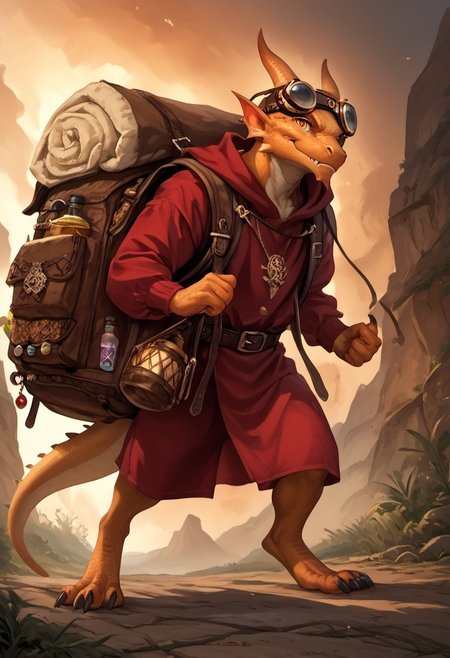 goblin, 1boy, golden skin, Kobold, furry dragon, tail, short stature, full body, score_9, score_8_up, score_7_up, fighting pose, looking at viewer, holding  a flask with fire in it, score_6_up, alchemist bomber, goggles on head, pathfinder portrait, potions, potion belt, red robes, golden ornaments, jewellry, junk on backpack, (((enormous backpack, silly huge backpack, gigantic backpack))),  rpg portrait, gop, oil painting \(medium\), texture, looking at viewer, tail