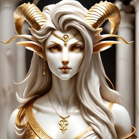 cstatuesdxl that features fair-skinned woman with long straight brown hair adorned with a white flower and ram's horns. She has large expressive brown eyes a small nose and full lips. She wears a brown off-shoulder dress with lace trim and lace choker. upper body from the side