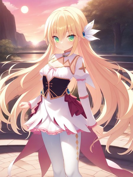 masterpiece,best quality,amazing quality,very aesthetic,absurdres,newest,scenery,<lora:iris milla_ilxl_v1-000010:0.8>,1girl,solo,long hair,blonde hair,green eyes,hair ornament,very long hair,white pantyhose,dress,iris milla,standing,looking at viewer,