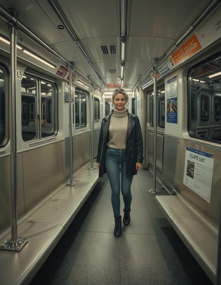 A modern subway train,Subw4y tr41n, in motion, with a single woman standing near the center of the train car, holding onto a shiny metal pole for balance as the train glides along the tracks. The woman is dressed casually yet stylishly, wearing a long black coat over a beige turtleneck sweater, paired with slim-fit jeans and ankle boots. Her hair is neatly tied back into a low bun, with a few loose strands framing her face. She has a thoughtful, calm expression, her gaze directed slightly downward as if lost in her own world. In her other hand, she holds a small tote bag, its strap looped over her wrist, with a paperback book peeking out from the top.
The subway car is clean but shows subtle signs of daily use. The walls are lined with muted gray panels, and the seats along the edges of the car are upholstered in a dark blue fabric, slightly faded from wear. Overhead, fluorescent lighting casts a bright, even glow across the interior, causing faint reflections on the polished floor, which is marked with the occasional scuff from commuters' shoes. Metal grab handles hang from above, gently swaying with the trainâs movement, and shiny steel poles are strategically placed throughout the car.
The windows on both sides reveal a blurry, motion-filled view of the dark subway tunnel, interspersed with flashes of graffiti-covered walls and dim utility lights. Above the windows, digital displays show the next stop in bright LED text, along with a route map that runs the length of the car. Small advertisements are mounted on the walls, showcasing everything from city events to product promotions, some with vibrant colors that add subtle contrast to the neutral tones of the train.
The atmosphere feels still and introspective, with the soft hum of the train and the occasional squeal of the wheels on the track. The train is sparsely occupied, with a few empty seats and subtle details like a forgotten coffee cup on one bench and a folded newspaper lying on the floor. The overall mood is quiet and reflective, capturing a moment of solitude and thoughtfulness during an ordinary subway ride.<lora:SDXLFaeTastic2400:0.4> <lora:extremely_detailed:0.4> extremely detailed, <lora:Subw4y_tr41n:1>, Masterpiece,best quality,hi res,8k,hi res,8k,award winning,(sharp focus, intricate, highly detailed),