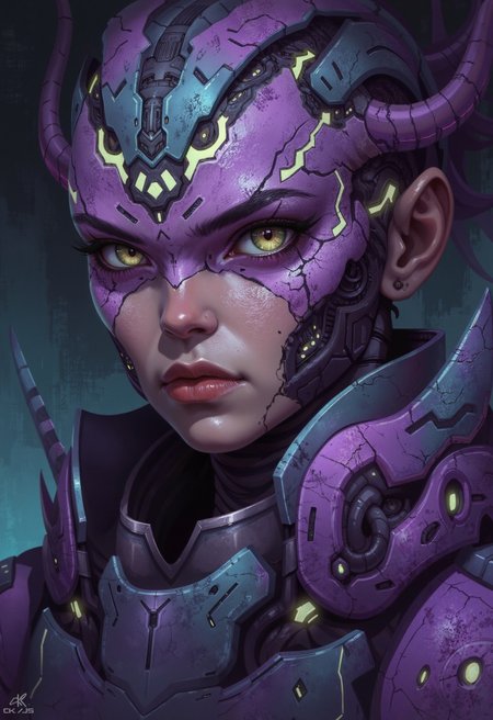 A digital painting portrait in the style of ck-js, portraying a beautiful woman from a resilient, Zerg-inspired exotic species, bearing subtle signs of her past. Her features are striking, possibly marked by fine, healed scar patterns across sections of iridescent carapace (shifting purples, greens, blues) integrated into her skin or forming part of her natural defenses. Faint bio-luminescent traceries (cool whites or pale yellows) might highlight these features. Her gaze is strong and enduring, hinting at experiences without being overtly grotesque. Her beauty is defined by strength and survival. Focus on exotic beauty marked by resilience, iridescent textures, and quiet power.