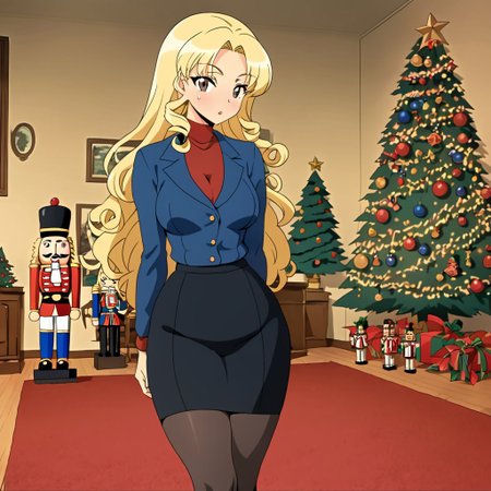 sfw, score_5_up, (best_quality:1.0), score_9, score_8_up, anime coloring, solo, medium breasts, wide hips, big hips, toned thighs, parted lips, solo, anime coloring,(brown eyes), black eyeliner, eyelashes, (long, blonde hair, long hair, curly), blush, (perfect face), milf, slender, big breasts, nutcracker, Black Pencil skirt, pantyhose, blue jacket, 1990s_(style), retro style, living room, night, christmas tree, christmas ornaments, red carpet