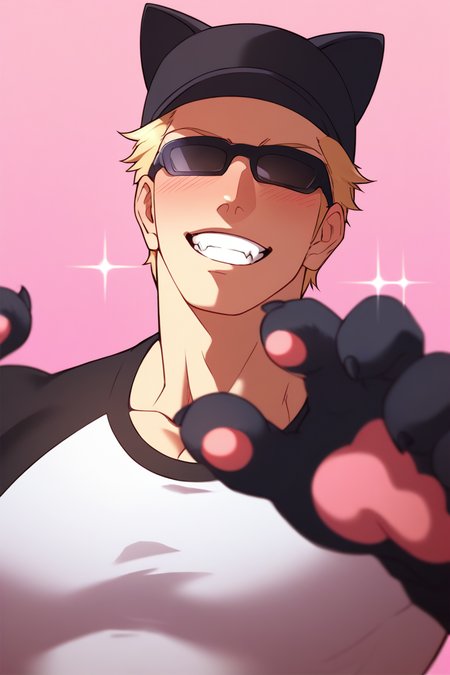 score_9, score_8_up, score_7_up, source_anime, rating_explicit, subsurface scattering, realistic shading, day, natural lighting, male focus, looking at viewer, cute expressive face, smiling, stillkof, black_stillkof_hat, blonde_stillkof_short hair, black_stillkof_sunglasses, 1boy, head tilt, :3, blush lines, teeth, fangs, shiny skin, ake cat ears, cat paws, cosplay, pectoral cleavage, cute shirt, simple white patterned pink background, intricately detailed illustration, depth of field, masterpiece, best quality, amazing quality, very aesthetic, absurdres, newest, atmospheric perspective, anime screencap
