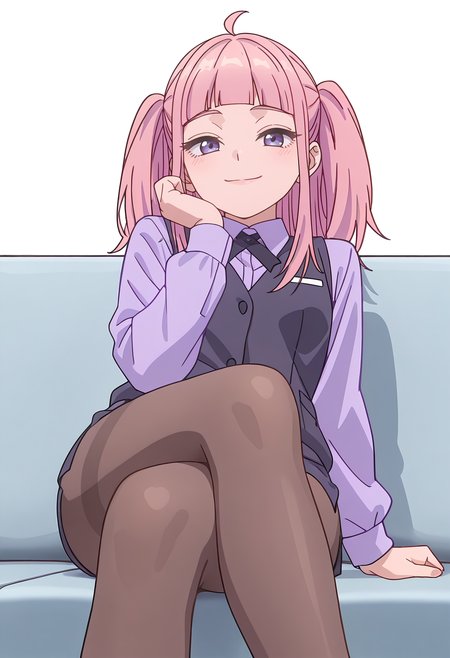 Smooth Quality,masterpiece,beautiful aesthetic, very intricate, high quality details, ultra realistic, high detailed skin,
simple background, white background, 
sad smile,from below,reclining pose, one leg crossed over the other, arm draped over backrest, calm demeanor,  ,
side slit pantyhose,,vest, 
 <lora:Fuyuki_Momokocnn:0.8> momoko/cnn, pink hair, 1girl, ahoge, purple eyes,petite,