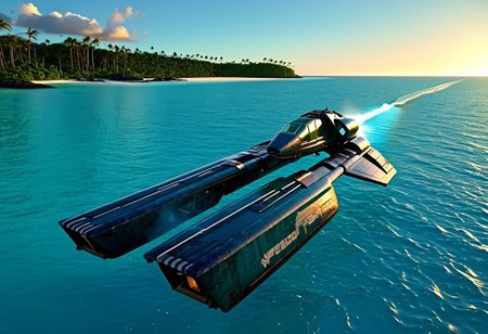 a dark blue/light blue (WipEout anti-gravity craft), (split-front:1.3),  flare, jet trail that has landed in the waters of a lagoon, floating in the sea, tropical island, blue sky, sunset, sharp, high detailed, realistic, sleek, scifi