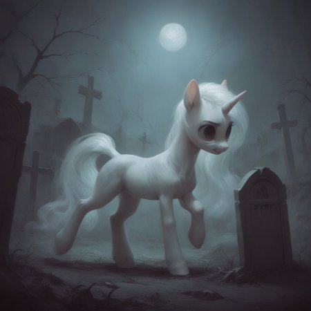 score_9, score_8_up, score_7_up, score_6_up, score_5_up, score_4_up, my little pony, ((feral pony)), side view, short body, floating, female pony, ethereal mane, mare, short, short body, petite build, small, (no humans), highly detailed, ghost, highly detailed, graves, (cemetery), graveyard, detailed background, outside, outdoor, night, no face, unicorn, head down, terror theme, ghost, ((see-through)), transparent body, glowing body,