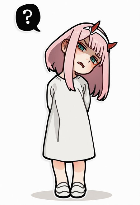 (sticker:1.2) by akai sashimi, oharu-chan, negative space,
very awa, masterpiece, highres, absurdres, newest, year 2024, year 2023, (full body shot:1.1), 
1girl, zero two \(darling in the franxx\), jitome, face shadow, disgust, annoyed, outstretched arms with open hands, leaning backward, bending backward,  facing to viewer, looking at viewer, (head tilt:1.3), (spoken question mark:1.1), 
simple background, white background, black outline, 
 <lora:StickerNoobLocon_byKonan:1>  <lora:add-detail-xl:0.5>, <lora:ponyv4_noob1_2_adamW-000017:0.33>, <lora:spo:0.85>,   ,