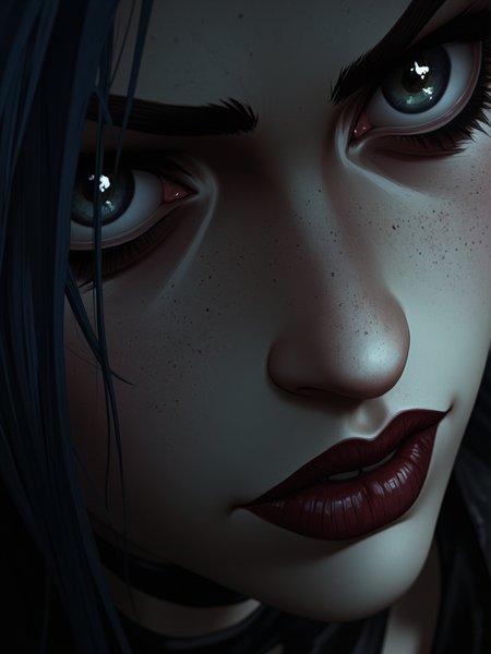 Close-up portrait of Jinx from Arcane with intricate detail and striking lighting. She has fair skin and a piercing gaze that draws attention.  Her hair frames her face, falling naturally around her shoulders. Her expression conveys an air of confident superiority, with beautifully shaped lips adorned in dark red lipstick. The high-detail image captures every nuance of her features, with a realistic photographic style that emphasizes her striking, intense presence. The lighting subtly enhances her features, with interesting backlighting that adds depth and drama to the composition. The overall mood is dark and mysterious, combining elements of fantasy and realism. ArsMJStyle, dnddarkestfantasy, mythp0rt, hyperrealistic, cinematic, soft shadows, dynamic lighting, perfect composition,  <lora:jinx-arcane-league-of-legends-season-1:1>,  <lora:FluxMythP0rtr4itStyle:0.7>,  <lora:DnDDarkestFantasy:0.7>