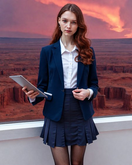 full body, realistic, masterpiece, raw photo, digital photo, cinematic photography, sci fi,  tall, slender, 25yo, masterpiece german female, earrings, very long chestnut wavy hair ,, blue jacket, white crisp shirt, darkblue skirt, brown sheer pantyhose, loafers ,, standing, strict expression,  holding tablet pc BREAK indoors, space station, hall, led lights, laser lights, dim lights, round windows,, (red sky, red cliffs outside the windows:1.2), edge detection, full body,   (insane details, best effects:1.4), <lora:add-detail-xl:1.4>