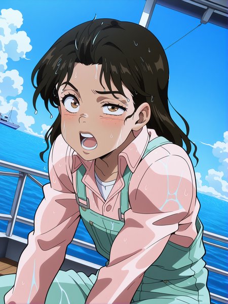 masterpiece, best quality, amazing quality, absurdres, newest, dynamic_angle, defined facial features, anime coloring, anime screencap, cloudy sky, ocean,
 <lora:Anne_Merlai_IL1.1v0:1> merlai anne, brown eyes, pink shirt, green overalls, wet clothes, wet hair, one eye half-closed, on ground, open mouth, teeth, from side, boat interior, white undershirt