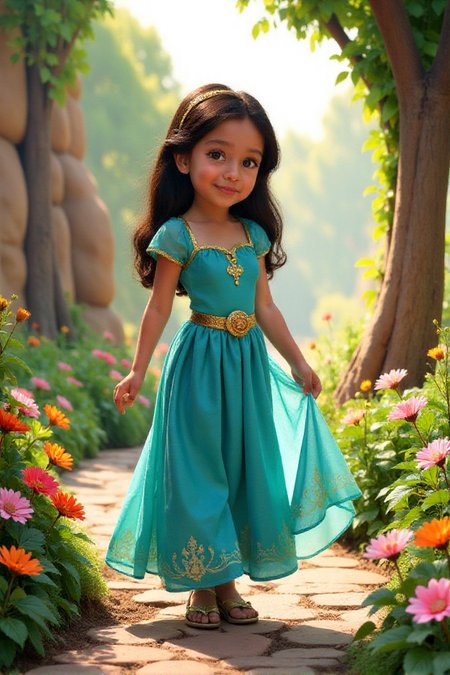 Young Jasmine playing in the palace gardens, innocent expression, flowing dress, bright sunlight, children's book illustration style, whimsical. (Explores a younger version of the character.)  <lora:aidmaNSFWunlockV2:1> aidmaNSWFunlockâââ