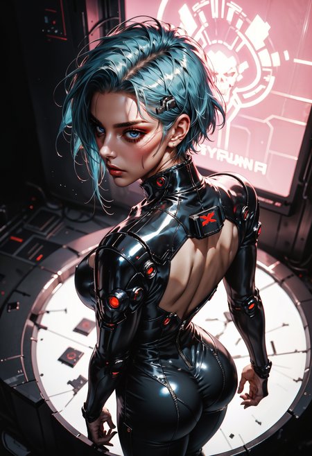 score_9, score_8_up, score_7_up, score_6_up, score_5_up, score_4_up,  source_anime, Best quality, Depth of field, blue and white color theme, anime style, Beautiful face and skin, Single woman, Cyberpunk city, standing, From above, Short hair, Closed mouth, Glossy lips, Shiny eyes, Slanted eyes, leather suit, big butt, booty, bubble butt, provocative, ass view, bare ass, unzipped suit, pulled down pants, seductive, High heels, Model pose, Dynamic pose, Simple background, Neon lights, Backlit lens flare  <lora:Expressive_H-000001:0.6>, expressiveH     <lora:g0th1cPXL:0.4> <lora:incase_style_v3-1_ponyxl_ilff:0.3>  <lora:sinfully_stylish_SDXL:0.4>