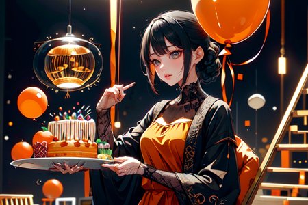 highly insanely detailed, masterpiece, top quality, best quality, highres, 4k, 8k, RAW photo, (very aesthetic, beautiful and aesthetic),  
(code_style,codestyle),english text,(sympattern,geometric pattern),vignette, 
<lora:CodeStyle (half generic class)_564920:1>, 
(1girl:1.3), 1other, 
located in a lively birthday party, with colorful decorations, joyful atmosphere, balloons, streamers, at night,(pure orange background,transparent background:1.2),âââ