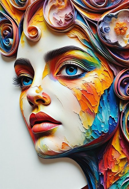 create an ArcaneFGTNR watercolour painting of a woman's face, made up of Layered Paper with cracked peeled paint. bright painted colours. watercolour, close up, HD
