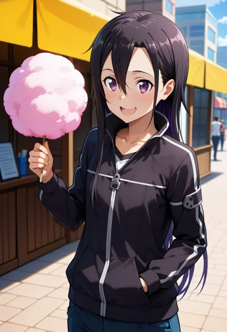 masterpiece, best quality, , (3d:0.4), , 1boy, solo, male focus, <lora:kazuto_kirigaya_ilxl:0.94>, kazuto_kirigaya_ggo, black hair, purple eyes, hair between eyes, long hair, androgynous, sao-ggo, kirito \(sao-ggo\), urban carnival, flashing rides, cotton candy stalls, lively crowds, laughing pose, joyful expression, vibrant energy,
