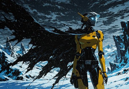 masterpiece, best quality, amazing quality,  high resolution, aesthetic, 1girl, robot girl, android, yellow armor, long legs, robot head with white visor, sci-fi landscape, frozen planet, snow, unusual terrain, extreme blizzard, cliff edge, wind-blown cape, elegant design, thigh pouch, radio belt, cowboy shot, dark stormy sky, DRKWB