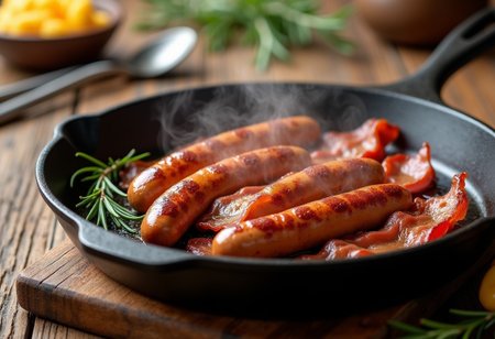 a photorealistic, highly detailed image of crispy bacon and German sausages sizzling in a well-seasoned cast iron frying pan. The bacon should be perfectly crisped, with its edges curling and a rich, golden-brown color. The German sausages should be plump and evenly browned, with a slight caramelization on the surface. The sausages should be sliced in a few places to reveal juicy, savory filling inside.
The frying pan should be emitting a gentle plume of steam and a bit of sizzle, with some of the rendered bacon fat and sausage juices creating a glossy sheen in the pan. Add a few sprigs of fresh thyme or rosemary for a touch of color and aroma.
The scene should be set on a rustic wooden kitchen counter, with a simple, clean background to keep the focus on the sizzling food. Include a pair of tongs or a spatula resting on the counter, and perhaps a small bowl of mustard or ketchup nearby for an extra touch of realism. Use warm, natural lighting to enhance the textures and colors of the bacon and sausages, making them look incredibly appetizing. Render the image in high detail to showcase the crispiness and juiciness of the dish