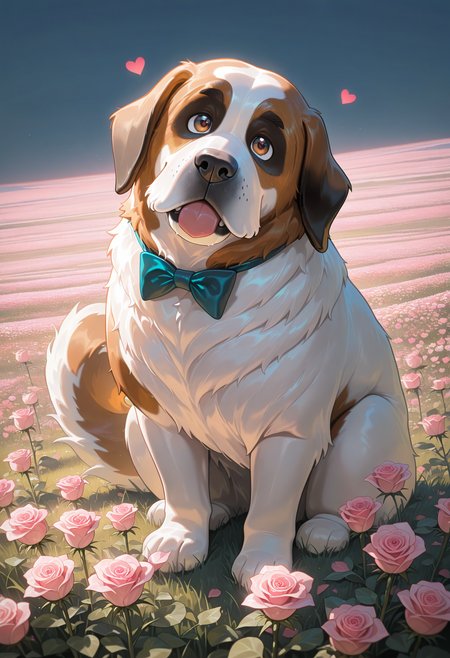 1 saint bernard, head tilt, pink rose, sitting, bowtie, field, (hearts0.5), soft colors, solo,
masterpiece, best quality, amazing quality, very aesthetic, absurdres,  newest, 