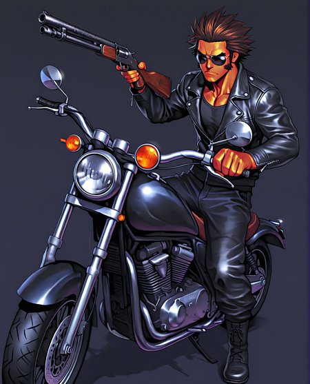 trineal, hued shading, vibrant shading, sshdw, colorful, detailed shading, hued shading, soft shadows, GOHARNO, 1boy, toned male, tanned skin, short hair, spiked hair, brown hair, sideburns, brown eyes, thick eyebrows, cleft chin, black shirt, leather jacket, zipper, eyewear, aviator sunglasses, black sunglasses, holding weapon, shotgun, hand up, serious, slight frown, black pants, black boots,  masterpiece, best quality, absurdres, three quarter view, upper body, simple background, black background, riding motorcycle, black chopper, black motorcycle