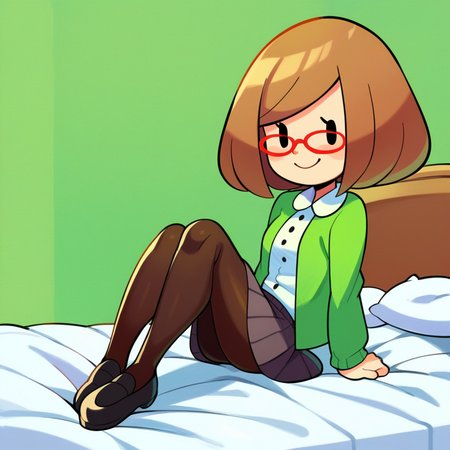 zPDXL, score_9_up, score_8_up, score_7_up, best quality,  source_anime, green background, bedroom, detailed background, arms at sides, BREAK 1girl, solo, nikki_(/swapnote/), brown hair, dot eyes, red glasses, bob cut, white button shirt, green coat, long sleeves, skirt, pantyhose, black shoes, smile, sitting, bed, <lora:PDXL_Nikki_Swapnote:1>