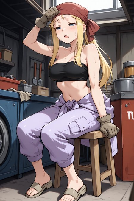 masterpiece, best quality, 1girl, solo, <lora:winryrockbell-illu-nvwls-v1-000007:1> wnrbll, blonde hair, sidelocks, long hair, blue eyes, red bandana, black bandeau, midriff, clothes around waist, light purple pants, brown gloves, sandals, sitting, medium breasts, workshop, garage, sweat, wiping brow, open mouth, stool, tired, half-closed eyes