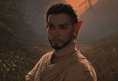 solo, short pointy ears, full body, piercings, random elf face, aquiline features, male dark elf, masculine, facial hair, brow rings, beaded piercings, weathered skin, blue-grey skin, chiseled features, large nose, insect chitin armor, insect chitin helmet, insect chitin ornaments, stylized insect pattern, athletic build,  animated realism, zoomed out, Syrian features, torso, yurts, tents, native camp, elegant berber tapestries, dead desert trees, ash dunes, distant volcano, ashy soil, grey green foliage, distant grey hills, sunrise, gloomy lighting, grey fabric awnings, dark wood posts, light dust clouds, grey-blue skin, grey skin, mahogany and ivory clothes, medium armor, bone plate armor, ivory straps and fittings, alien bone ornaments, grey wood neckguard, dark red sclera, black pupils, blue-green light, neon, highly detailed, defined features, looking at viewer, three quarters view, from side, dynamic lighting, 29 years old, light and shadows, patterned cloth, annoyed expression, expressive eyes, detailed medieval clothes, short hair, wavy hair, thick hair, beaded hair, braided hair, under cut hair, semirealistic, alien elf, spanish features, jewish features, black hair, dark red hair, umber skin, sharp features, pastel green inuit print cloak, nighttime, high detail, absurdres, pretty eyes, detailed eyes, red eyes,
