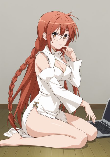 source_anime, anime screenshot, full body shot, from side, head turned to side, eyes looking at viewer, 1 hand adjusting glasses, seiza sitting, kneeling sit, 1 hand on knee, 1girl, solo, Matsu, (long hair:1.1), red hair, (long red hair:1.1), flowing hair, (fishtail braid:0.5), (twin braid:0.8), thin braid, long braid, brown eyes, glasses, finger to glasses, soft smile, white dress, cleavage cutout, detached sleeves, china dress, side slit, bare feet, sitting on floor cushion, open laptop, laptop on knee, indoor background, plain background
<lora:SekireiSet1:1>, score_9, score_8_up, score_7_up,1girl, solo,masterpiece, best quality, very aesthetic, absurdres