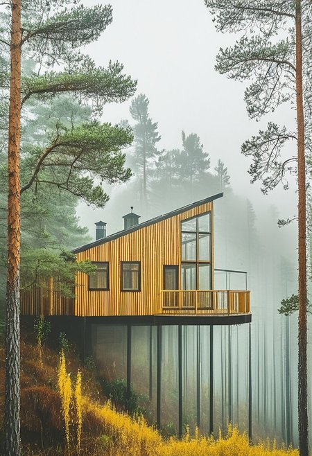 A two-storey greenhouse wooden cabin with a chimney, in the woods on a sloped surface supported by columns, surrounded by pine trees, fog, and yellowish grass.