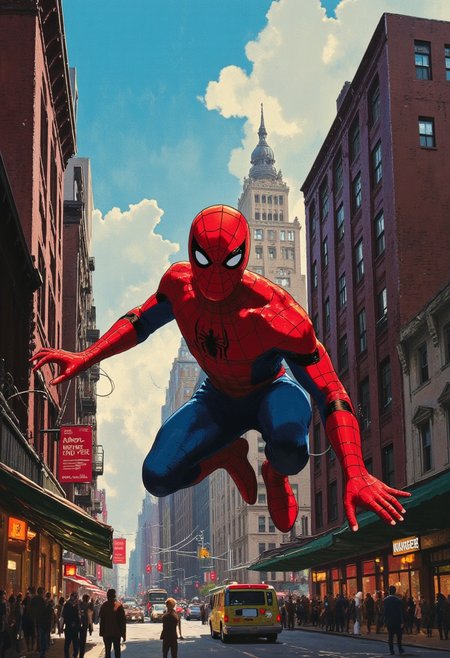 Vector art, uhd, 8k, 4k, epic, dramatic, marvel, spiderman, 4k quality, (Perfect hand:1.4), (masterpiece), (superhero), detailed,
Rendered in a style redolent of Impressionism, the painting utilizes a vibrant.
(Spiderman) swinging from building to building over the busy streetw of new york city. Facing the viewer, web line going from his hand to a building