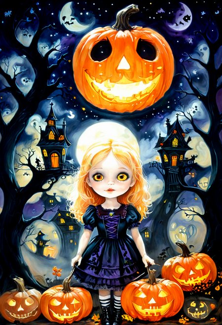 Halloween, moonlit night, supernatural, jack-o'-lanterns, trick-or-treating, haunted house, eerie ambiance, playful mischief, mysterious shadows, delightful spookiness.,A cute helloween doll, This painting captures the enchantment of Halloween, where the border between the living and the supernatural is blurred, and a sense of delightful spookiness fills the night. It's a tribute to a holiday that revels in the unknown, where both young and old embrace the thrill of the eerie and macabre.        ,A haunted house stands in the background, with its windows glowing with an unnatural, ghostly radiance. It beckons the curious and the brave to explore its mysteries.ink painting, of a cute helloween doll, Halloween Night, An Enchanting Painting,,street art, vibrant, urban, detailed, tag, mural  . graffiti style ,