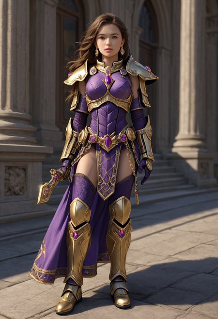 1girl, full body image, absurdres, hyper-realistic, BREAK science fiction, armor, gauntlets with fingerless gloves, armored boots, thigh armor, small gold earrings, gold necklace, gold bracelet, purple gem, purple crystal, jewelry, gold chains on clothes, garter straps, action pose, looking at viewer, depth of field, amazing depth, detailed lighting, detailed clothing, detailed texture, detailed armor texture, detailxl  <lora:detailed_notrigger:1> <lora:Aeldari_-_Eldar_armor_WH40K:1>