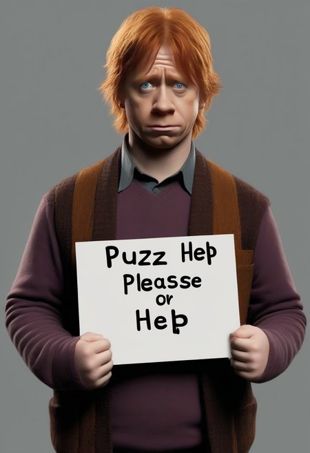 <lora:PE_HoldingSign:0.8> PEHoldingSign, sad face,
ron weasley from harry potter holding a sign that says buzz help please for family