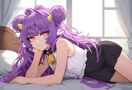 1girl, solo, Muu_Muyu, purple hair, long hair, hair bun, animal ears, double bun, horns, very long hair, pink eyes, bangs, messy hair, 
neck bell, white shirt, sleeveless shirt, black skirt, ribbed shirt, frills
looking at viewer, centerfold, posing, playboy, playboyposexl, modeling,anime, sunlight, window, on side, on bed