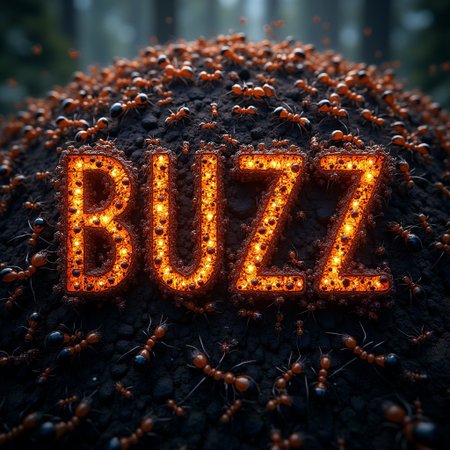 A huge and thick swarm of (Ants forming the word "BUZZ"))over their Ant nest, high resolution, highly detailed, photorealistic, cinematic/ detailed digital hyper realistic intricate details, HDR, beautifully shot, hyper realistic, sharp focus, 64 megapixels, perfect composition, high contrast, cinematic, atmospheric, moody