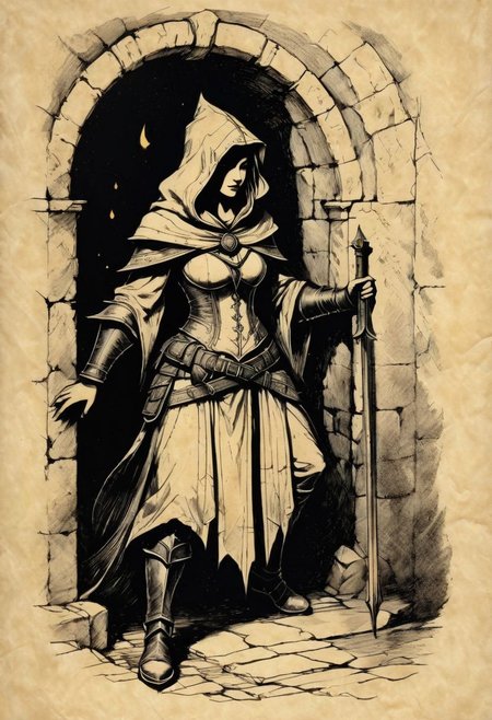 score_9,score_8_up,score_7_up,score_6_up, black Ink illustration on old yellowed parchment. In a fantasy dungeon, a mysterious female, pathfinder. Wounded. Canvas clothes. Canvas hood.