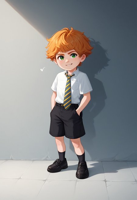 score_9, score_8_up, score_7_up, male, solo male, 
petite, shortstack,
score_9, score_8_up, score_7_up, highly detailed, cute boy, young, ginger hair, freckles, green eyes, school uniform, short sleeve white button up shirt, black shorts, untucked shirt, yellow and purple striped tie, black shoes, black socks, mischievous smile,
score_9, score_8_up, score_7_up, shortstack, short, photorealistic, extremely detailed, shading, Expressiveh, zPDXL3, perfect lighting, looking at viewer, motion lines, shadow, masterpiece, perfect hands, handfeet, full-length portrait, full body, 3DMM,