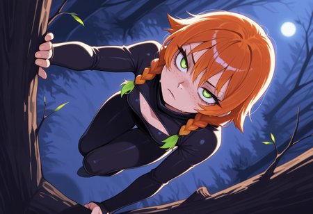 Score 9, Score 8, Score 7, Masterpiece, Superior Quality, Amazing Quality, Masterpiece, Maximum Quality, Ultra-detailed, Dynamic Angle, Dynamic Composition, Alone, White Frame, Maximum Contrast, Saturated Color, Bright Colors, Dynamic Lighting, alone, 20 years old, female body,
1 girl, Medium Shot, Full Body, Slim Body, 
Night forest, treetops, tall trees, from above,
A girl, dark ninja outfit, glowing green eyes, ninja pose, secret pose, a sexy girl, tight outfit, stalking, moonlight, good lighting, vibrant colors, contrasting lines, a girl, bright fluorescent green eyes, big eyes, tired eyes, alone, masterpiece, high quality, ultra-detailed, long hair, orange hair with green tips, medium bangs, oval face, triangular jaw, long eyelashes, freckles on cheeks, upturned nose, thin lips, dark circles under her eyes, thin neck, young, twenty-something, two long braids, medium bangs, thick thighs, medium chest, slim, medium chest, dramatic angle, on top of a tree, (((on top of a tree branch))), crouching, stalking, from above, looking at her victim, epic angle, hot, sweating, bored,