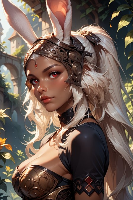 score_9, score_8_up, score_7_up, score_6_up
<lora:FFFran:0.8>
FFFran, 1girl, red eyes, rabbit ears, dark skin, white hair, long hair, ponytail, helmet, looking at viewer, portrait
