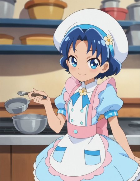 score_9, score_8_up, score_7_up, anime screencap, solo,1girl, tategamiaoi,smile,  hat,  apron, dress,puffy short sleeve,looking at viewer,cowboy shot,small breasts,<lora:tategamiaoi:0.8>