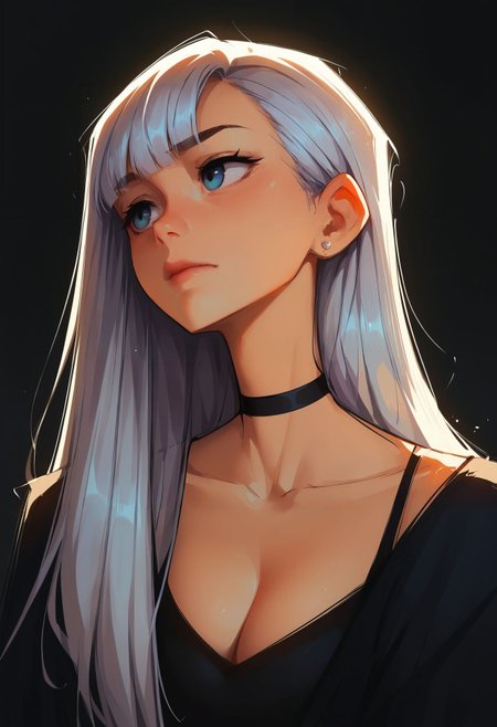 score_9,score_8_up,core_7_up, <lora:samdoesarts_pdxl_v1:1>  1girl, solo, long hair, choker, black choker, closed mouth, breasts, jewelry, cleavage, earrings, portrait, black background, upper body, bangs, collarbone