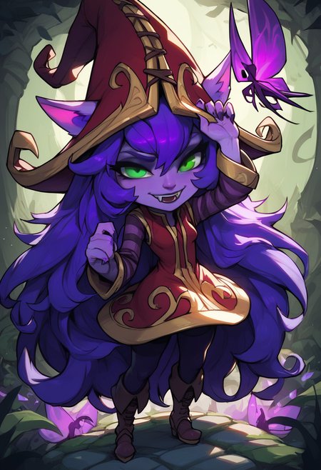 score_9, score_8_up, score_7_up, score_6_up,1u1u, lulu, 1girl, green eyes, yordle, colored skin, purple skin,long hair, purple hair, animal ears,dress, long sleeves,hat, witch hat, ears through headwear, boots, fairy  <lora:Lulu_Default_v2:0.8>,  <lora:Manwha_Anime_Style:0.8>,manhwastyle, hand on headwear