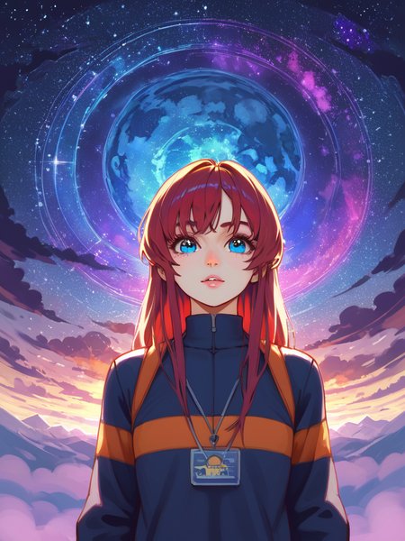 PDXL, <lora:KajpoV1:1>, k4jp0, volumetric reflections, volumetric shadows, HDR, shot on Canon DSLR,
1girl, cute face, detailed eyes, long red hair, blue eyes, upper body BREAK galaxy in the background, clouds