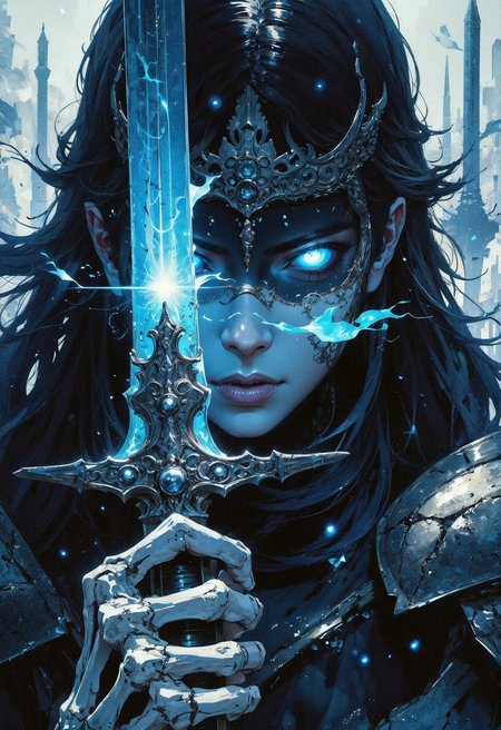 (in Krenz Cushart style:1.2), high-quality, masterpiece, A ghostly swordswoman, her face partially illuminated by the blade of her cracked sword, The camera focuses tightly on her eyes burning with a fierce ghostly light as she prepares to strike, Her breath fogs in the cold air, the faint glow of her skeletal hand grips the sword hilt with fractured armor trailing mist, The blurred battlefield behind her hints at fallen enemies and rising spirits, high contrast, dramatic close-up, motion blur, eerie glow, (elaborate fine details:1.1), (elaborately detailed attire with extraordinary elements:1.1), (hyperdetailed:1.1), (intricate details:1.0), (Refined details:1.1), (best quality:1.1), (high resolution:1.2)
