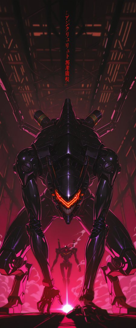 ((absurdres, high_quality, masterpiece)), (dynamic_angle, foreshortening, depth_of_field), blurry_background, (anime_coloring, flat_colors, cel-shaded), (lens_flare), chromatic_aberration, scanlines, (grainy_texture:1.4), (film_grain:1.3), retro_artstyle, 1980s_\(style\), (1990s_\(style\)), vhs_artifacting, halftone, limited_palette, neon_lighting)
(D4rkR3troSc1f1, no_humans, solo, mecha, mech, cyborg, mechanical_parts, interior, smoke, fog, hangar, armored, mechanical_jaw, sharp_teeth, glowing_eye, neon_genesis_evangelion, eva_unit, berserk_mode, angel_(evangelion), red_eyes, evil_smile, sinister_expression, 
dynamic_angle, dramatic_lighting, glint, chromatic_aberration, shadow, dark_theme, dark_background, neon_accents, 
cyberpunk, visor, robotic_face, metallic_surface, menacing, villainous, ominous, horror_(theme), body_horror, futuristic, 
sci-fi, high_contrast, glowing_components, damaged, broken_armor, exposed_mechanics, cracked_visor)