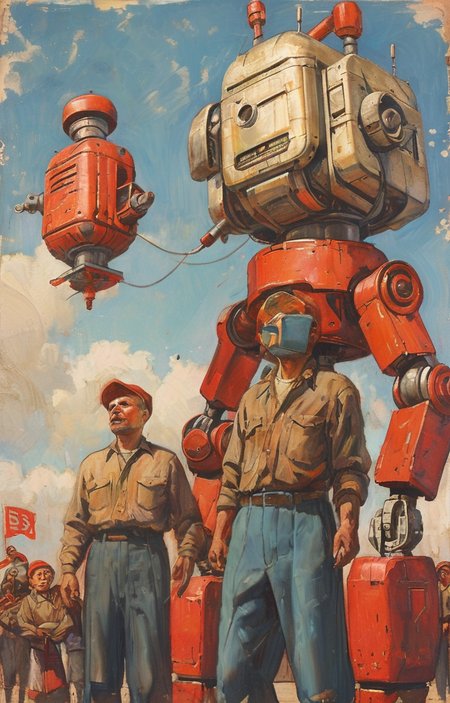 masterpiece,best quality,<lora:tbh262-sdxl:0.9>,illustration, style of soviet portrait of Housework robots