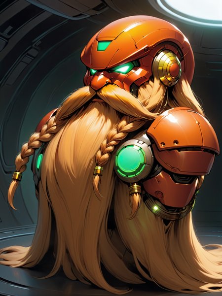 red Samus helmet, green visor, shoulder pads, ultra detailed, masterpiece,  Harry_Dwarf,  dwarf-like, flowing long orange and yellow beard, twirly moustache,bald, bangles, <lora:Harry_Dwarf_1.5:1>, back lighting, beautiful lighting, futuristic alien spaceship, machine panels, blinky lights