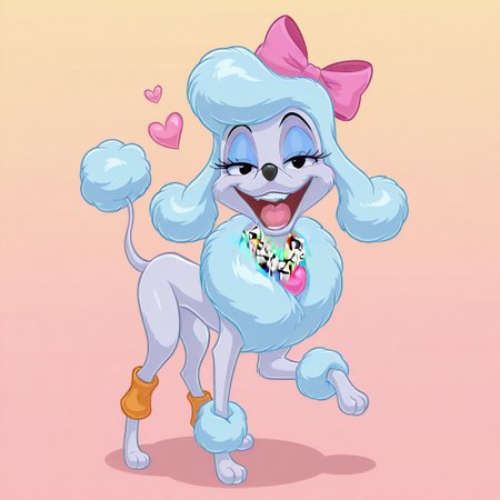 Ge0rgette, disney, poodle, light blue fluffy fur, blue mascara, tail, pink bow on head, (((no neckwear except pink necklace))) BREAK  playful, confident, cheeky, friendly, smug, adorable, loving, expressive eyes, standing, holding front right leg up, BREAK happy, female, standing, score_9, score_8, score_7, no humans, (((full body))), standing, solo, female, feral, hight definition, no neckwear except pink heart necklace, hyper detailed, best quality, amazing quality, 1girl, cute, cute smile, cute pose, 8k, masterpiece, eyelashes, (((half-open eyes))), slightly open mouth, smile, looking at viewer, sweety pose <lora:Furry_Enhancer Chroma V1:1>