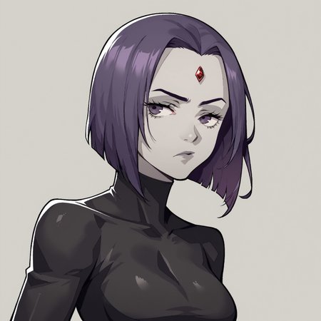 safe_pos, score_9, score_8_up, score_7_up, source_cartoon, 1girl, solo, bored,
p3reloadportraits, portrait, white background, looking at viewer, raised eyebrows, 
raven dc, purple hair, purple eyes, grey skin, bob hair cut, jewel in forehead, black leotard, long sleeves, big breasts, 