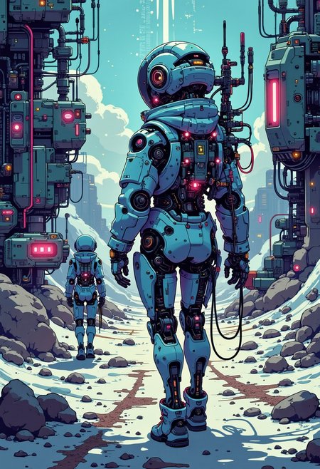A digital artwork in the style of cknc, Asa Akira, back view, A full length portrait, photorealistic pencil drawing of a Cybergirl Elsa Jean, science fiction, fantasy, 8k, beautiful cyborg robot girl, Skin formed by digital fiber optics, highly detailed, standing with an alien robot and a spaceship, hyper detailed face, soft, dramatic, 2d, cinematic light, pastel color, photorealistic comic art, by boris vallejo, Carne Griffiths and Wadim Kashin, cosmos, vanishing point, super highway, high speed, digital rendering, digital painting, beep, noah bradley, cyril roland, ross tran, trends in artstation, outer space, vanishing point, super highway, high speed, digital rendering, digital painting, beeple, noah bradley, cyril roland, ross tran, trends in artstation, outer space, vanishing point, super highway, high speed, digital rendering, digital painting, beeple, noah bradley, cyril roland, ross tran, art station trends, outer space, vanishing point, super highway, digital render, digital painting, beeple, noah bradley, cyril roland, ross tran, artstation trends